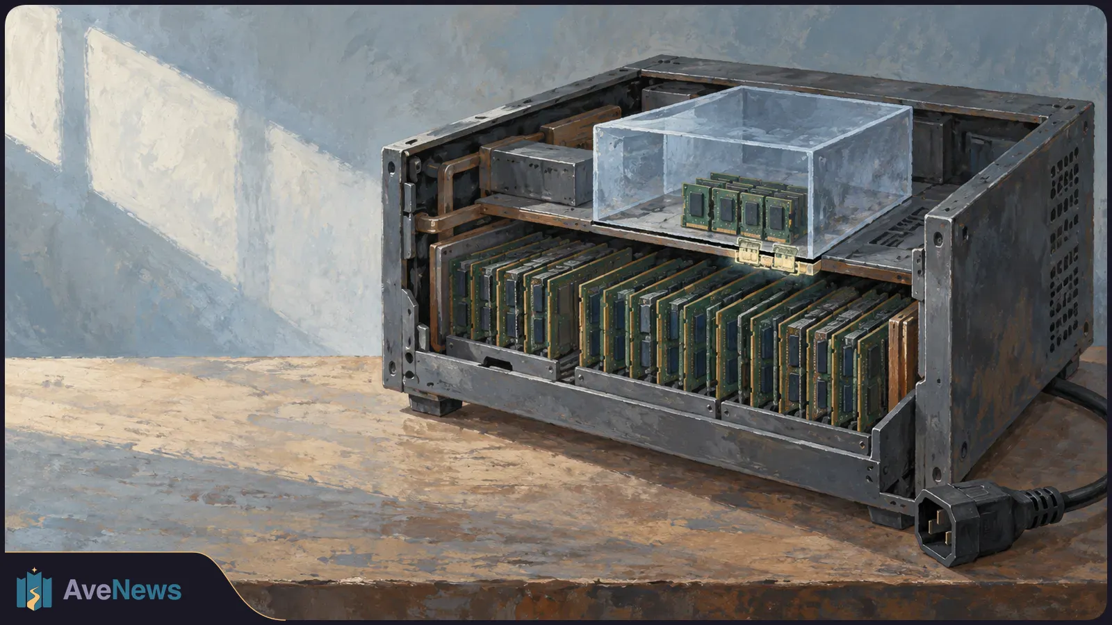 Painted open computer chassis on a wooden table, filled with upright circuit boards. Several smaller boards sit in a clear box above it; a power plug rests beside it. SI illustration