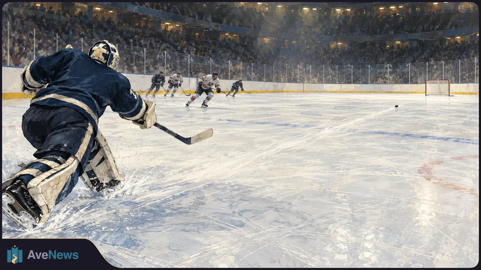 Painted ice hockey scene: a goalie in dark gear sends the puck toward an empty net across the rink, with other players and a packed crowd behind. SI illustration