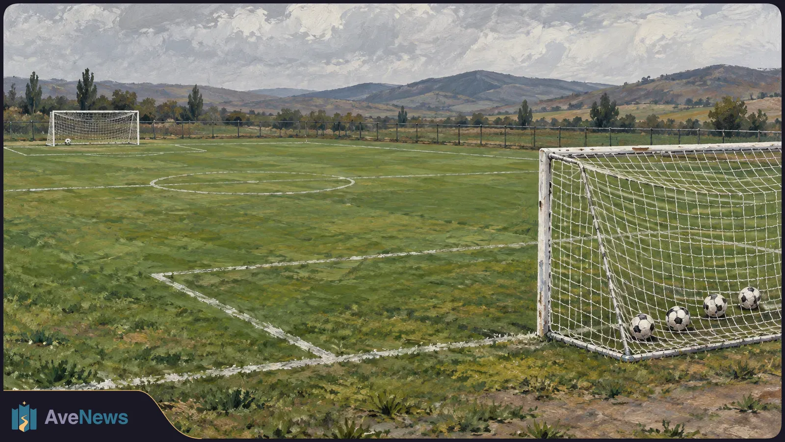Painted empty football field with four balls in the near goal and one by the distant goal, with hills under a cloudy sky. SI illustration