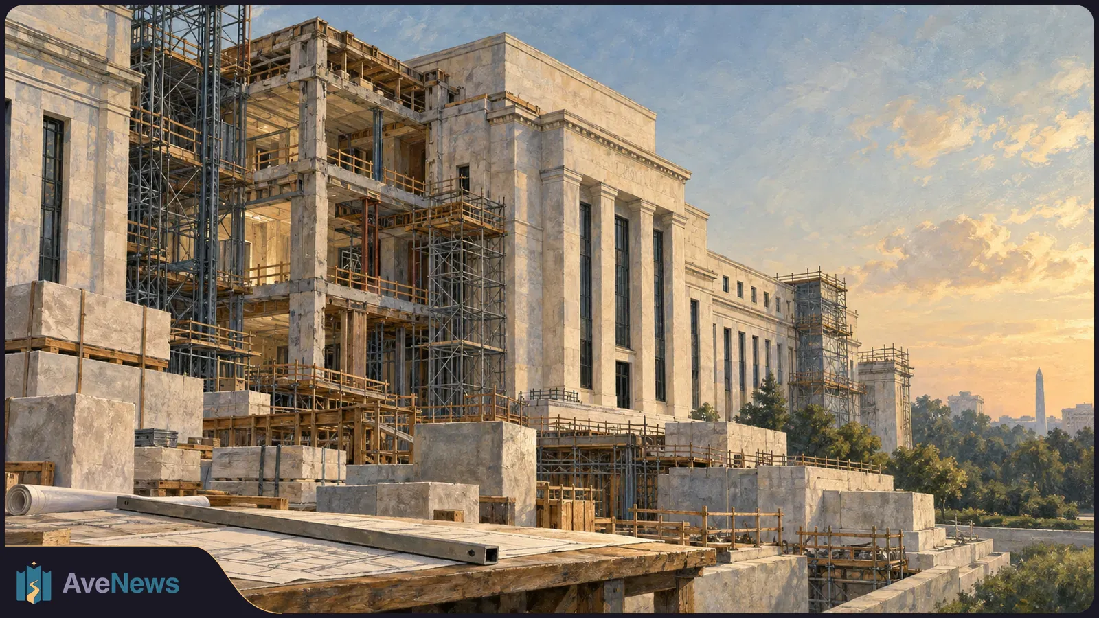Illustration of a large stone building under renovation, with scaffolding across its facade and stacks of stone blocks in the foreground at sunset. SI illustration