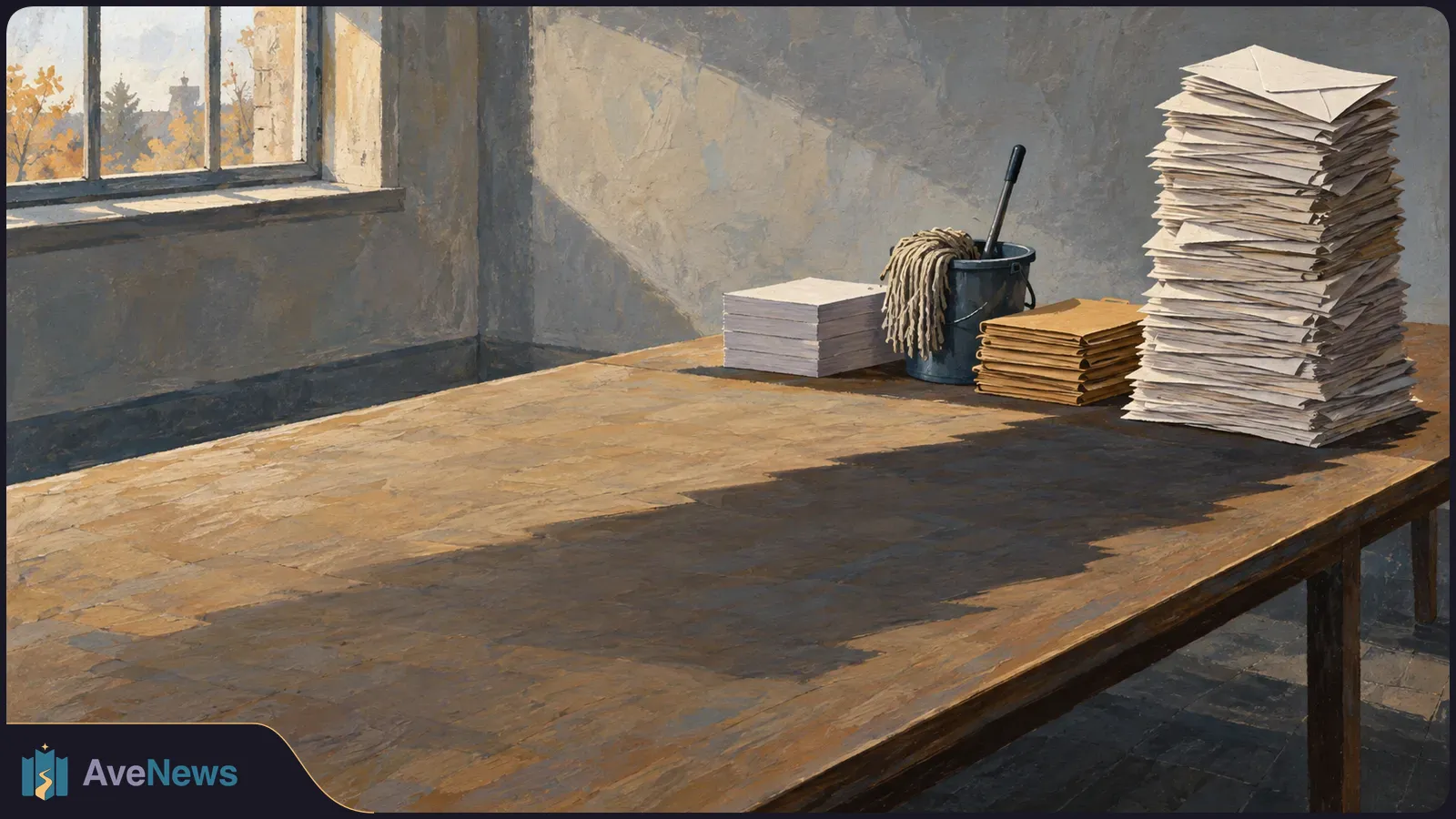 A painted room with a sunlit wooden table holding tall stacks of blank papers, a few folders, and a mop in a bucket beside a window. SI illustration