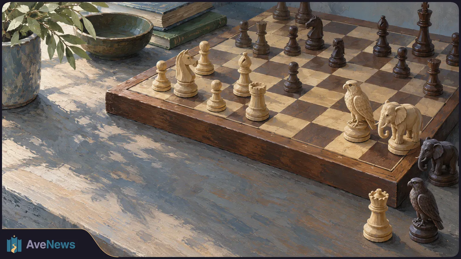 A painted chessboard with light and dark pieces, including carved birds and elephants, sits on a sunlit table beside books, a bowl and a potted plant. SI illustration
