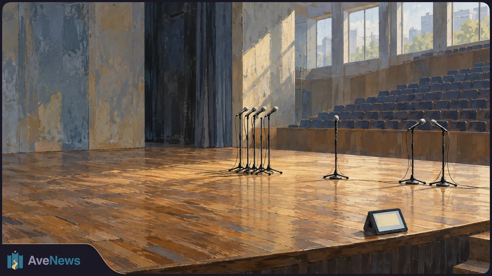A sunlit, empty auditorium stage with several microphones on stands, tiered seats, dark curtains and a small blank screen at the front. SI illustration