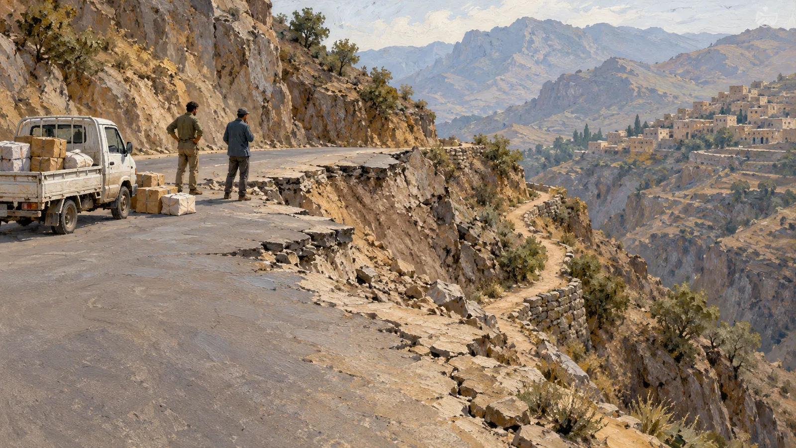 Two people stand beside a small truck and packages on a damaged mountain road, overlooking a winding path and a hillside settlement. SI illustration