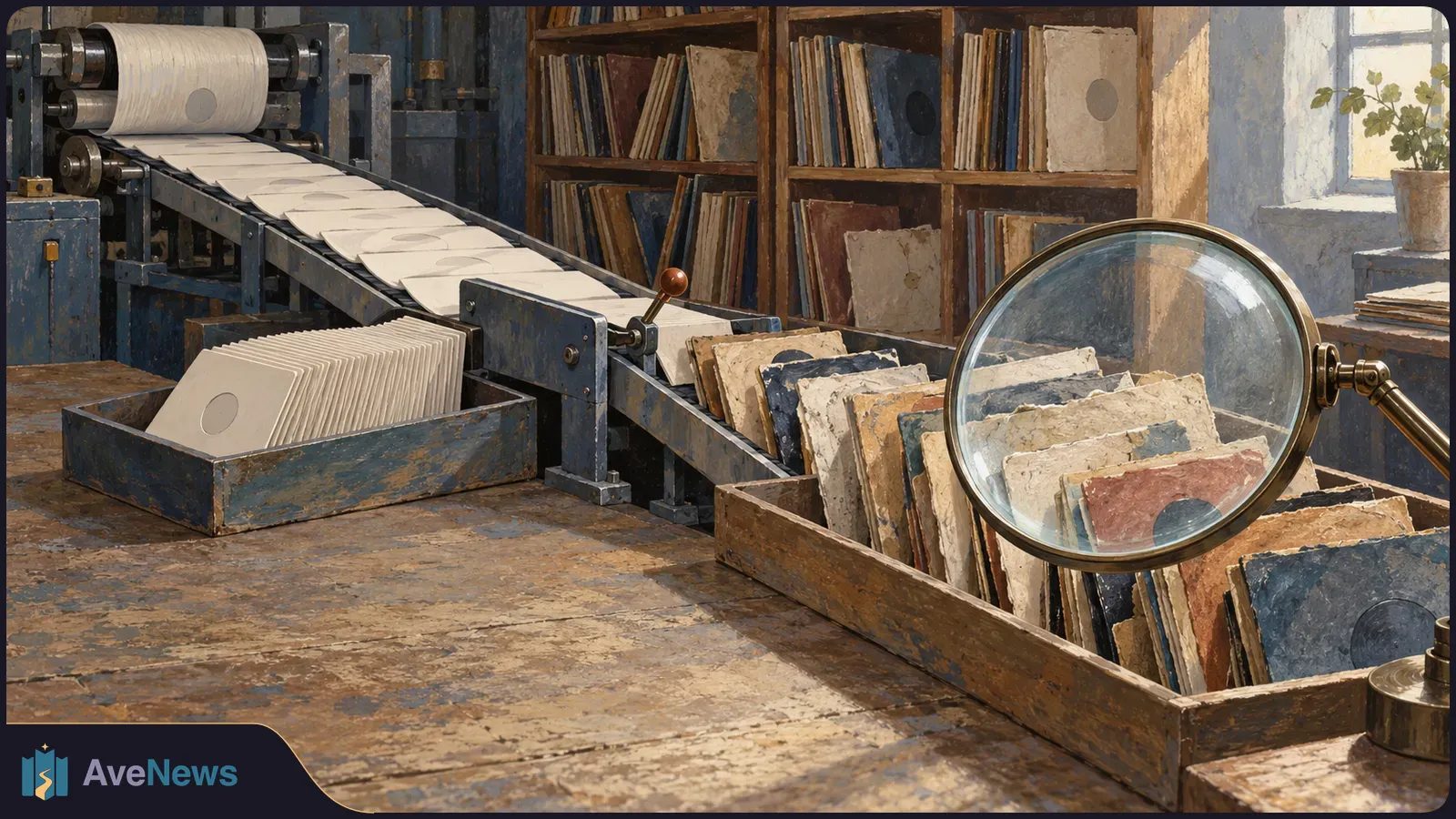 A painted scene of pale record sleeves on a conveyor beside a tray of worn sleeves and a large magnifying glass, with shelves behind. SI illustration