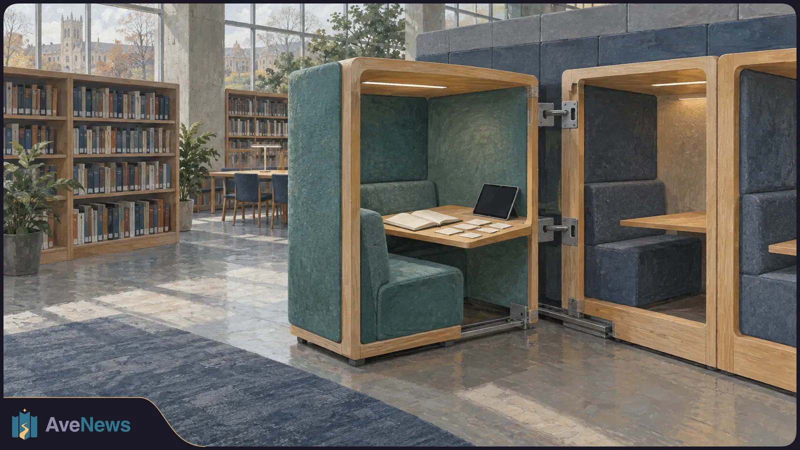 Painterly library with two study pods joined by metal brackets. One holds an open book, note cards and a dark tablet; bookshelves and tall windows stand behind them. SI illustration