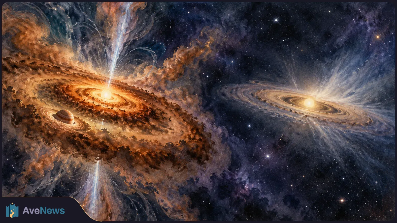 Painted star field with two glowing disks around bright stars. A ringed planet sits near the larger orange disk, with luminous plumes extending above and below it. SI illustration