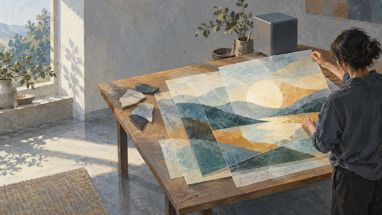 A person arranges overlapping landscape images on a wooden table in a sunlit room, with plants and small material samples nearby. SI illustration