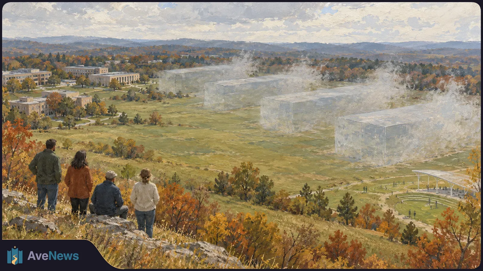 Painting of four people on a rocky hillside overlooking campus buildings, autumn trees, four pale translucent blocks in a field, and an outdoor amphitheater. SI illustration