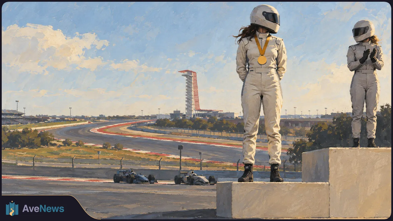 Painted racetrack scene with two helmeted drivers on podium blocks, one wearing a gold medal, and two open-wheel race cars on the track below. SI illustration