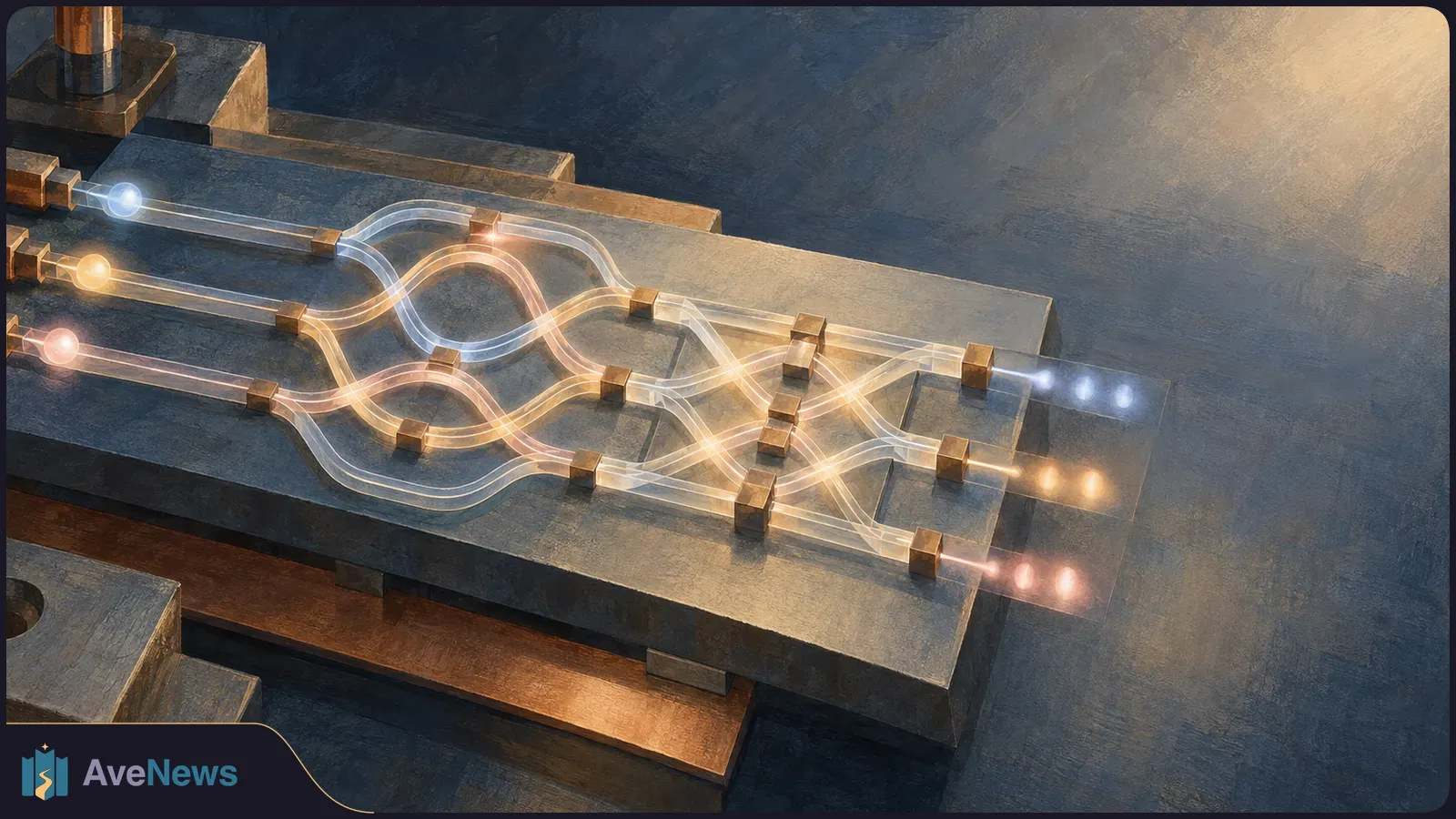 Three glowing light paths weave through a chip-like circuit, entering from the left and emerging as three groups of lights on the right. SI illustration
