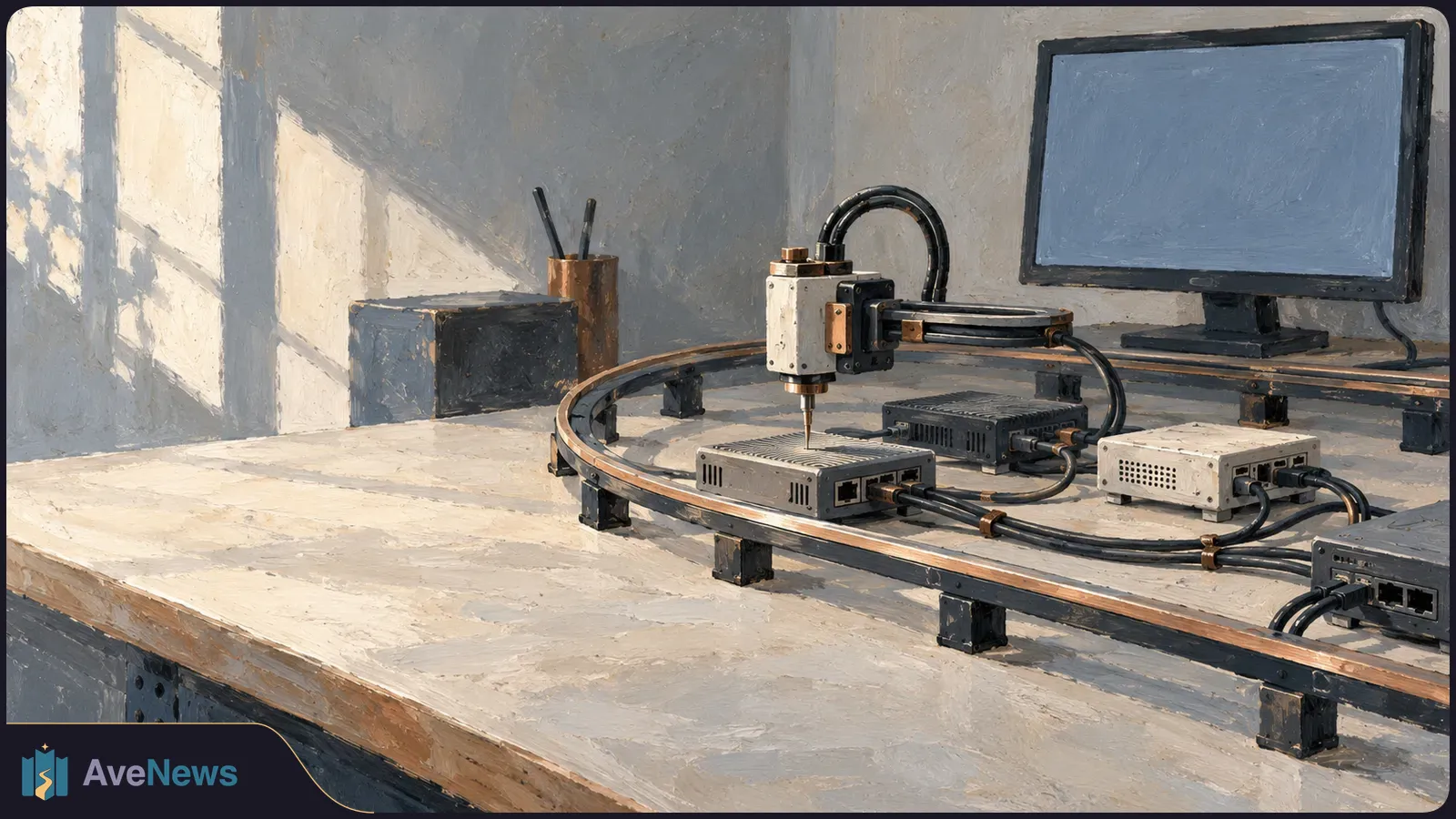 Painted illustration of a robotic probe poised over a cabled electronic device on a workbench, with other connected boxes and a blank monitor nearby. SI illustration
