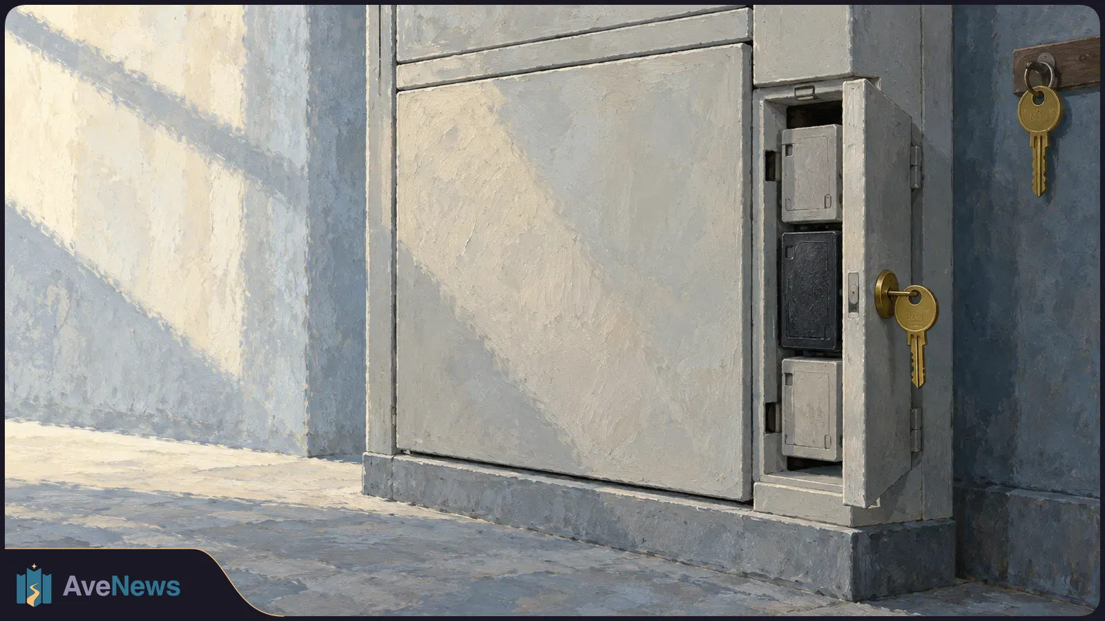 Painterly illustration of an open wall cabinet containing three small boxes, with a key in its lock and another hanging on the wall. SI illustration