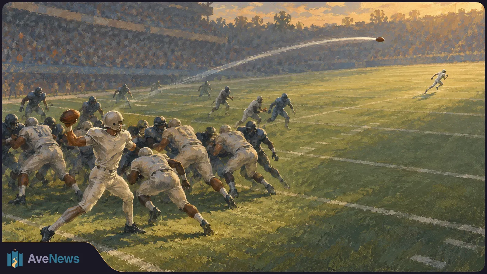 Painted American football scene: a player in white throws a long pass toward a teammate running downfield as players in white and dark uniforms clash nearby. SI illustration