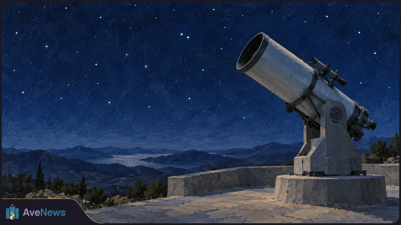 Painted illustration of a large telescope pointed at a star-filled night sky from a mountain overlook. SI illustration
