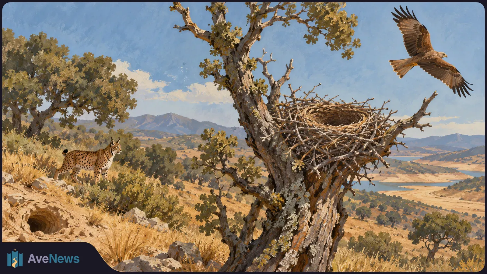 Illustration of a spotted lynx on a dry hillside near a tree holding a large nest, with a bird flying overhead and a reservoir in the distance. SI illustration