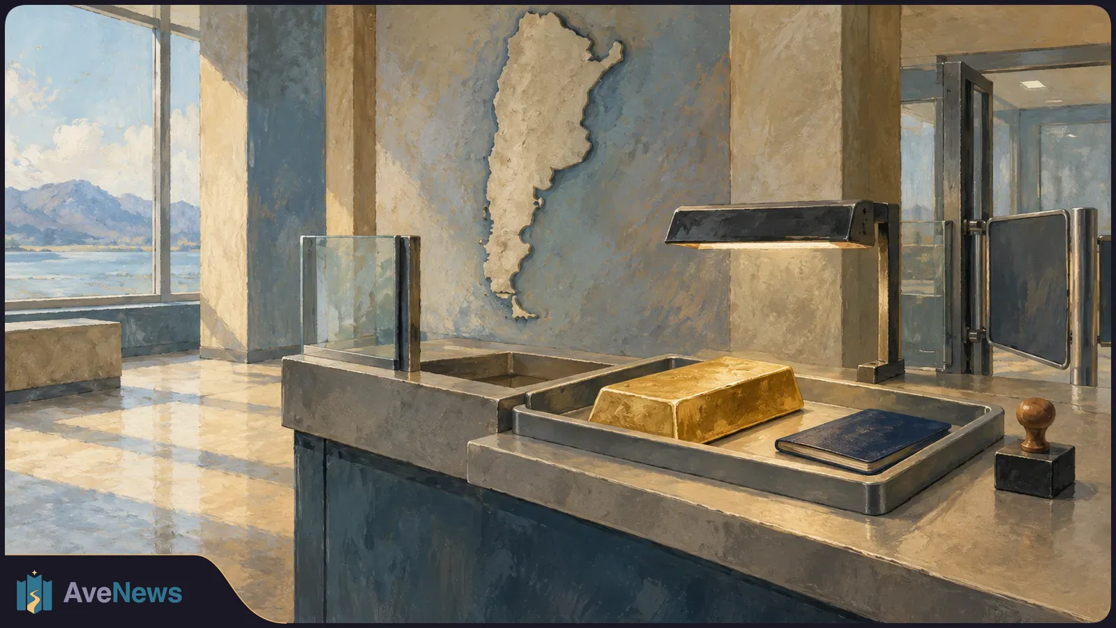 Painted scene of an inspection counter with a gold bar and dark booklet on a tray, a stamp nearby, and an Argentina-shaped relief on the wall. SI illustration