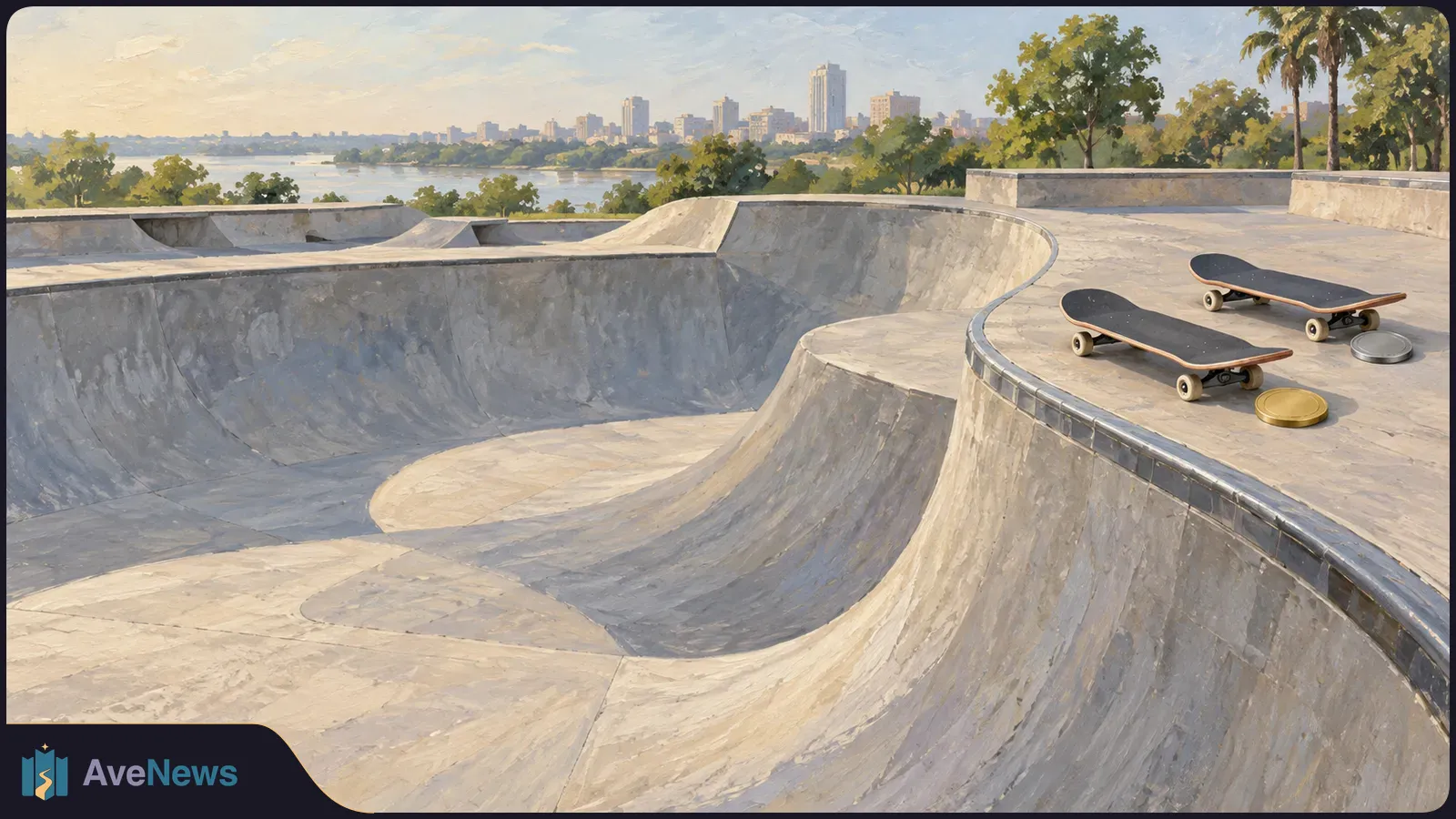 A painted skatepark with empty concrete bowls. Two skateboards and gold- and silver-colored discs sit on a ledge, with trees, water and a city skyline behind them. SI illustration