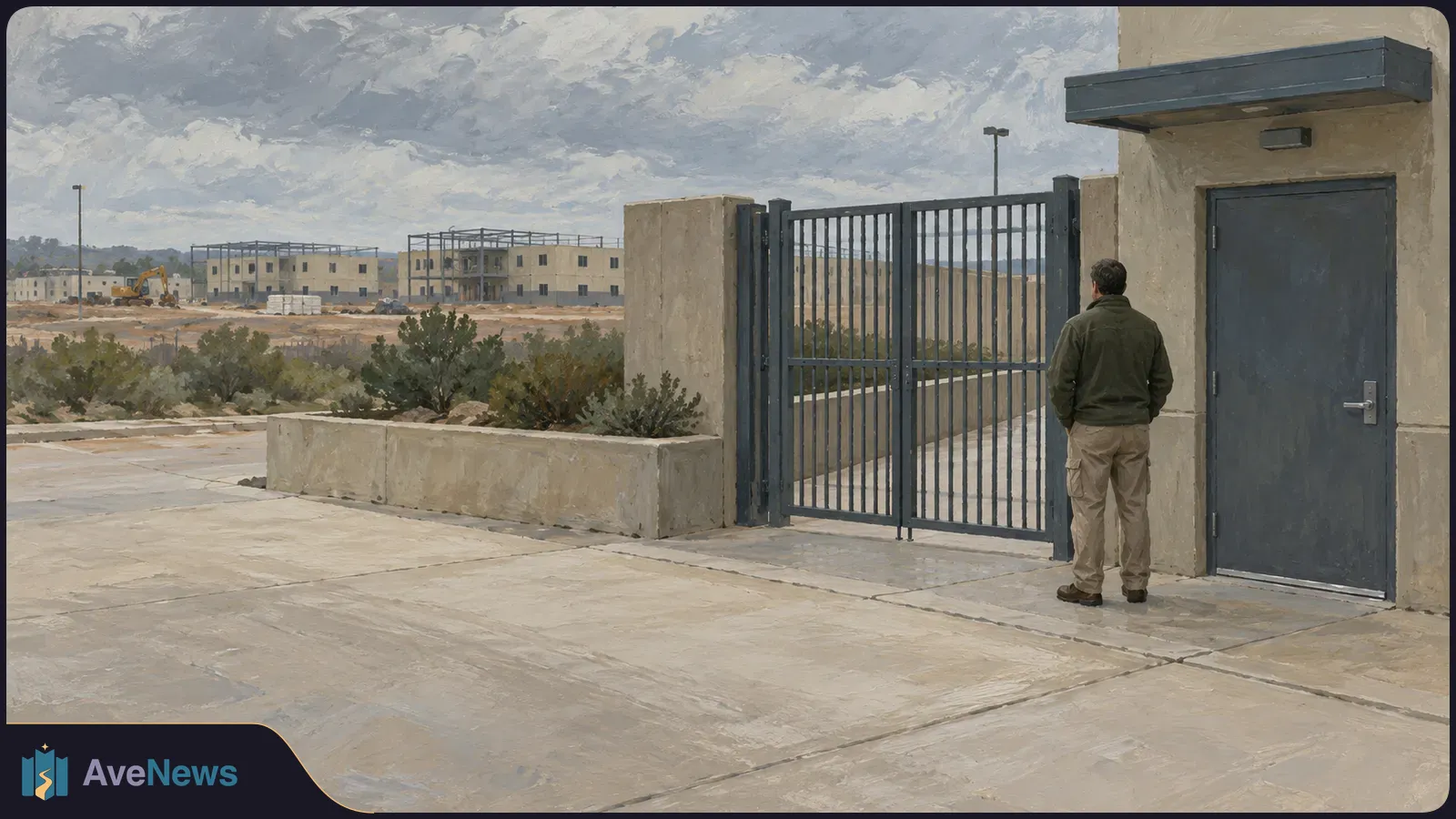 A painted scene of a man seen from behind beside a metal gate and door, with low buildings and construction equipment in the distance under a cloudy sky. SI illustration
