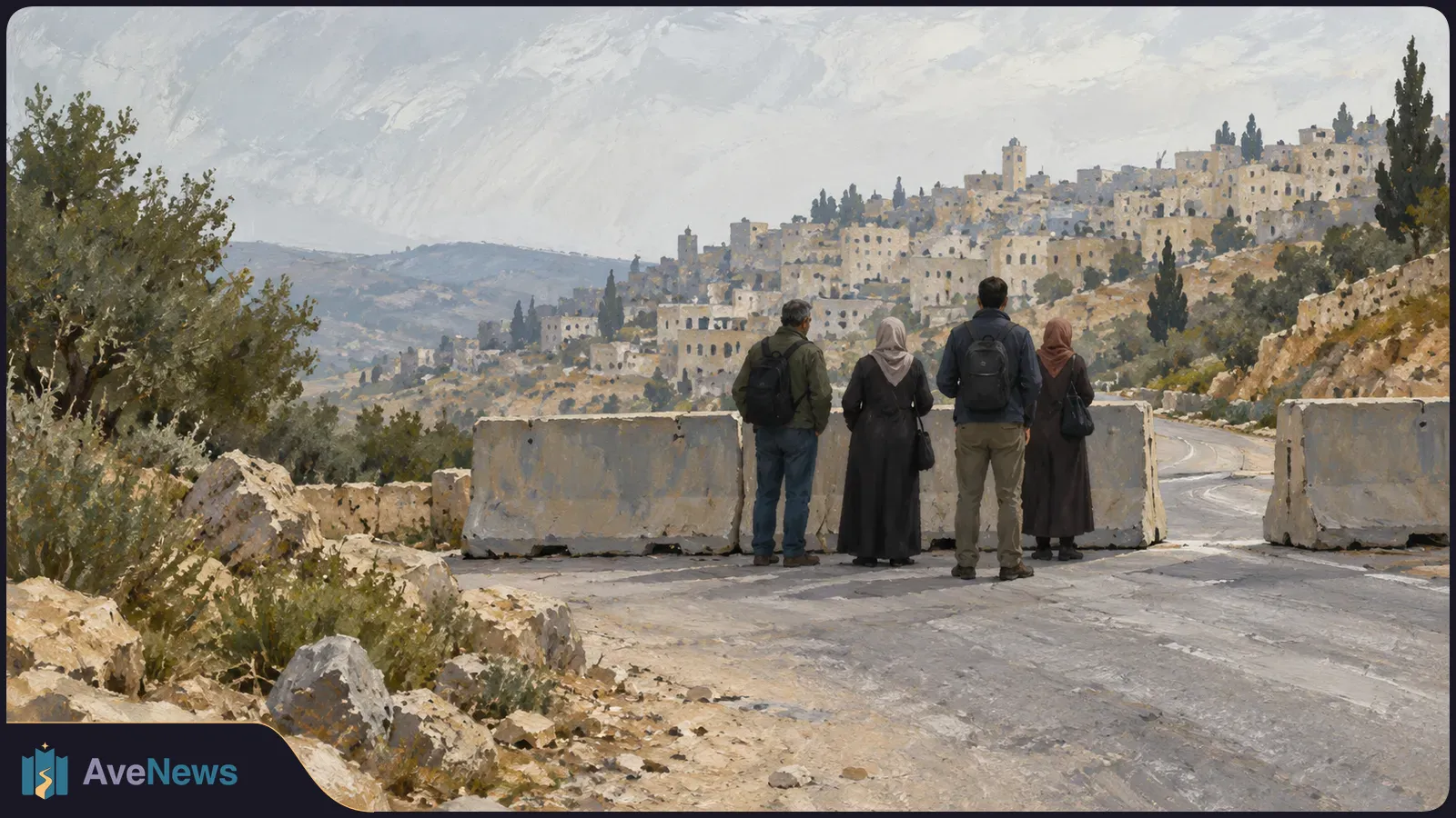 Four people stand beside concrete road barriers, facing a hillside town of pale stone buildings under a cloudy sky. SI illustration