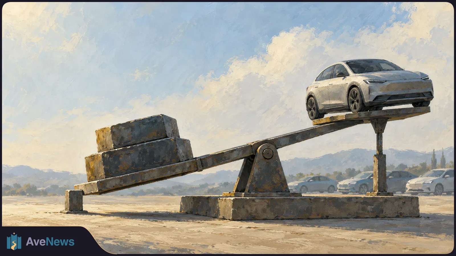 Painterly illustration of a white sedan on one end of a tilted metal balance beam, with two heavy blocks on the other end and parked cars in the background. SI illustration