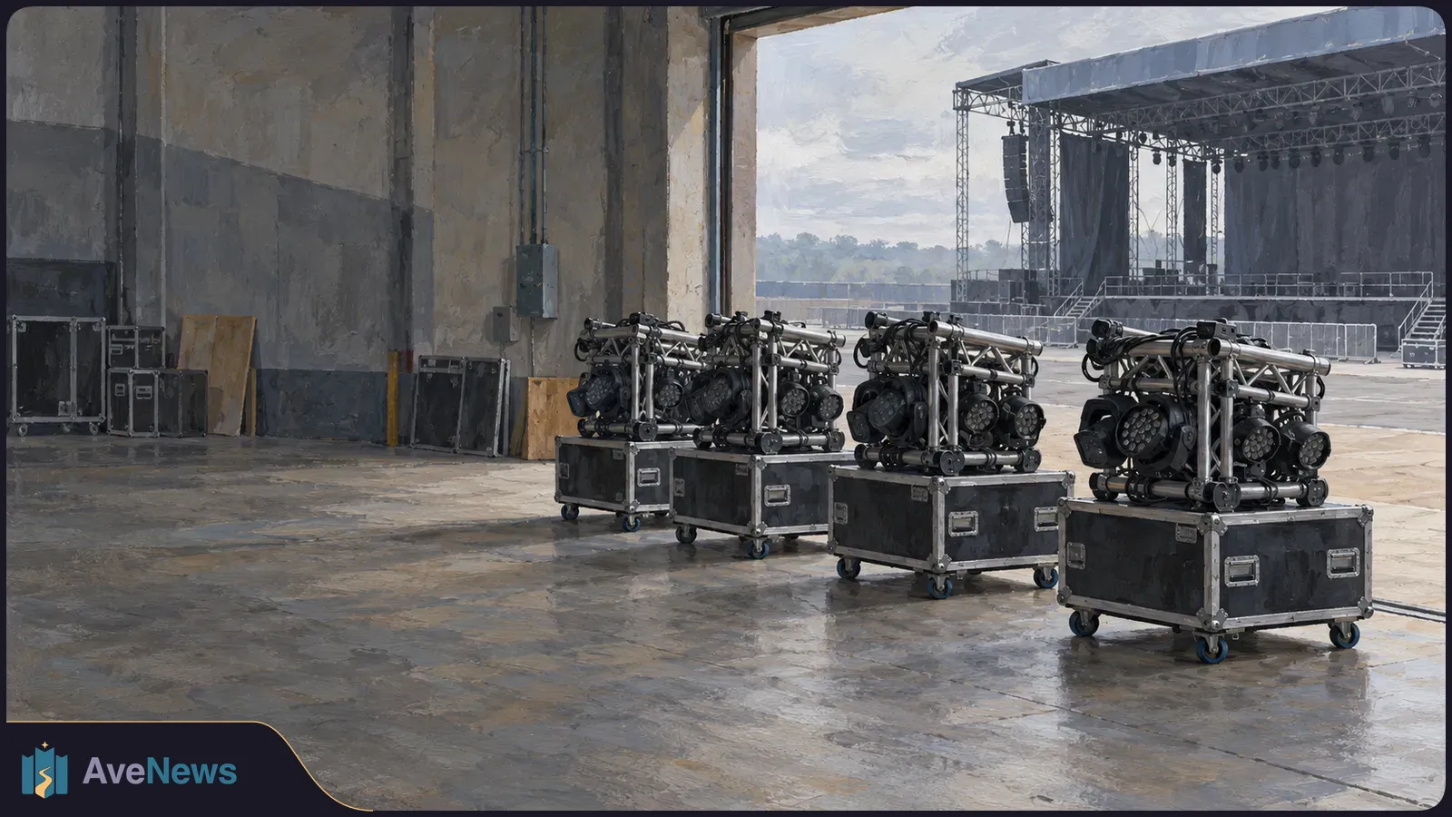 Stage lights and metal trusses sit on wheeled equipment cases inside a large doorway, with an empty outdoor concert stage beyond. SI illustration
