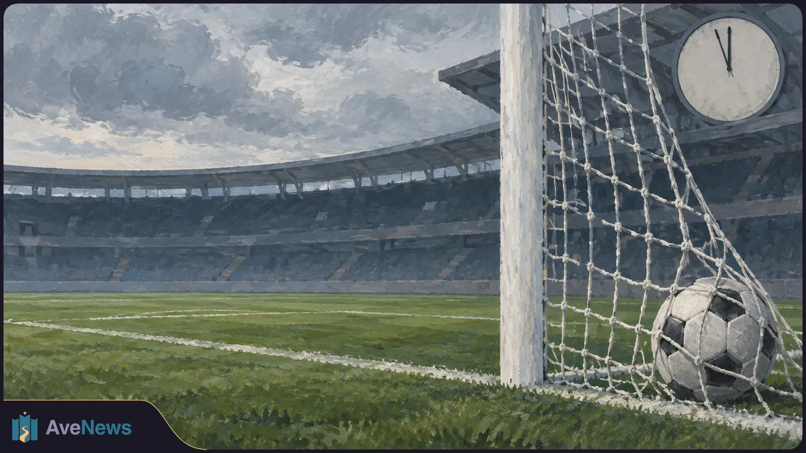 Painted football stadium under dark clouds, with a ball caught in the goal net and a large clock above the stands. SI illustration