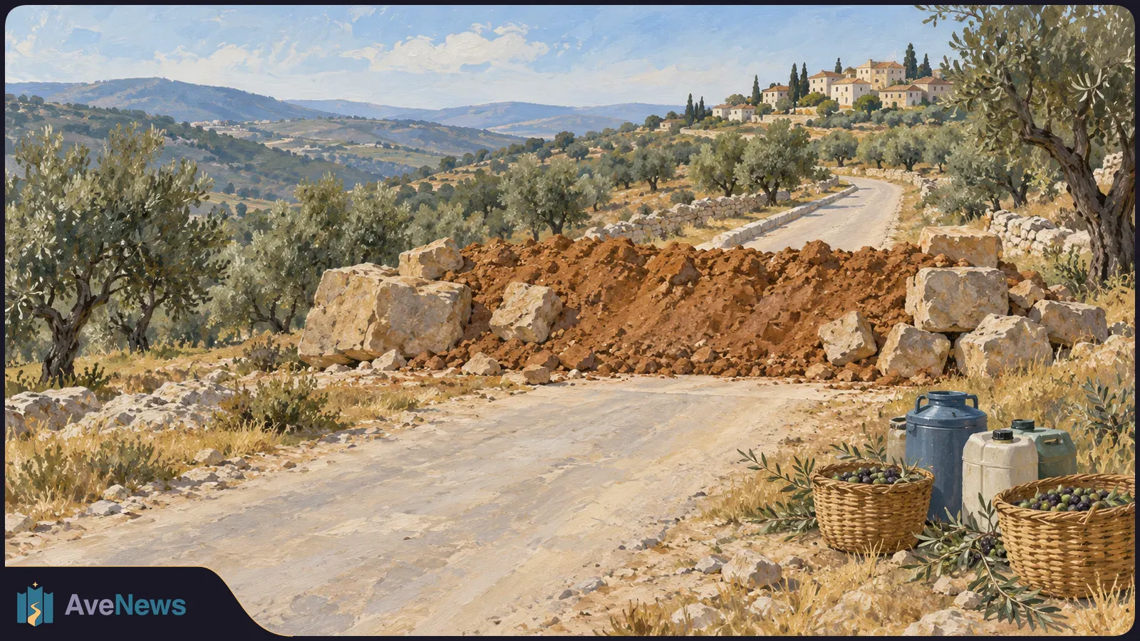 Painted landscape of a dirt road blocked by a mound of earth and rocks, with olive trees, hillside houses, baskets and containers nearby. SI illustration