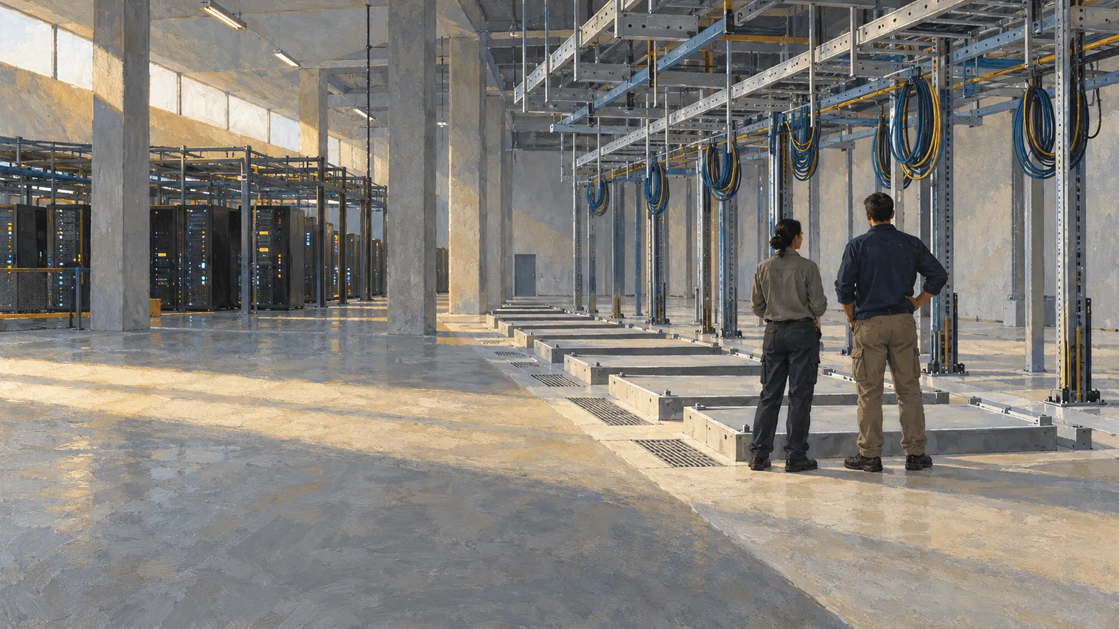 Two people stand in a large industrial hall beside empty metal frames and hanging cable loops, with server racks visible on the left. SI illustration