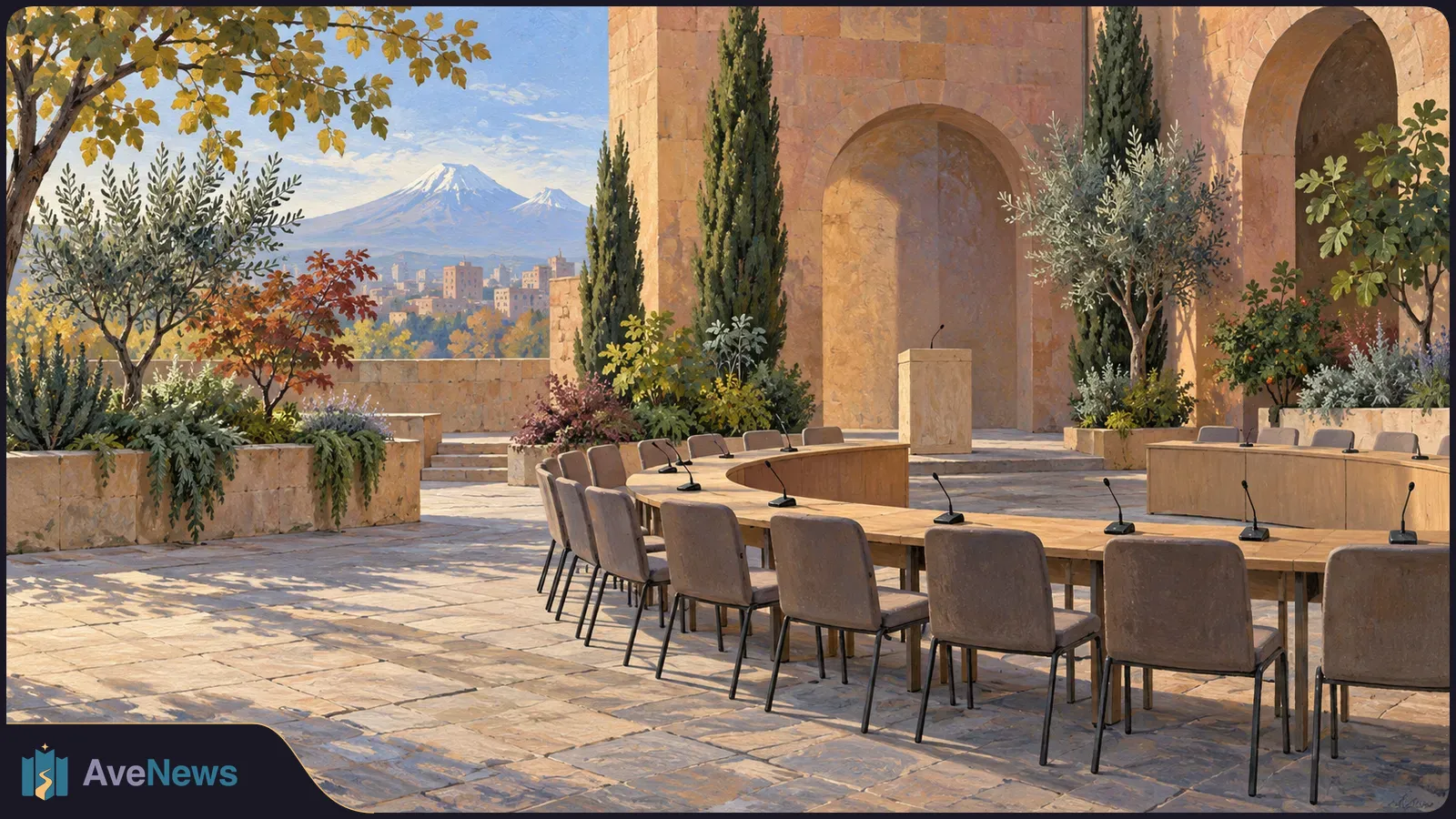 An empty outdoor conference table with microphones and chairs sits in a stone courtyard with trees, arched walls and snow-capped mountains beyond. SI illustration