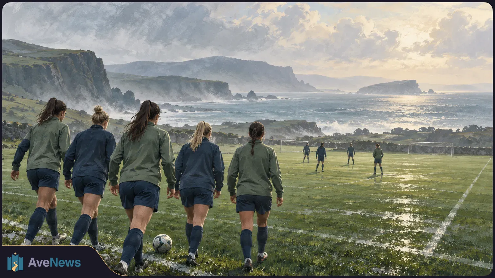 Five women footballers walk onto a wet pitch toward other players and goals, with the sea and rocky cliffs behind them. SI illustration