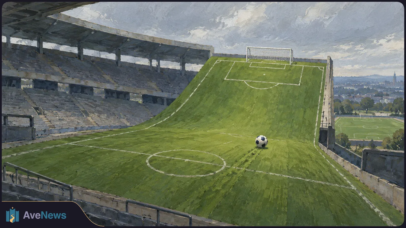 An empty football stadium with a grassy pitch curving steeply upward toward a goal. A lone ball rests on the pitch, with another field visible beyond. SI illustration