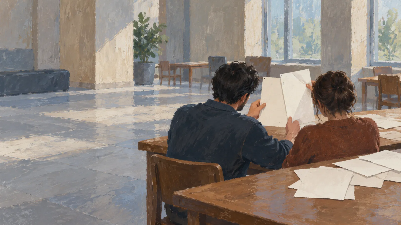 Illustration of two people seated at a wooden table, looking at white sheets in a sunlit room. More papers lie on the table, with chairs, windows and a potted plant behind them. SI illustration