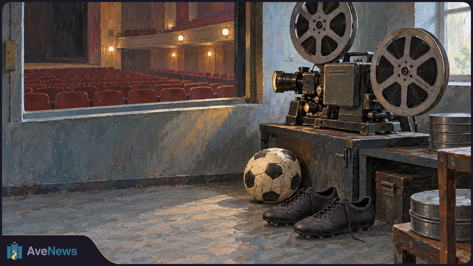 An illustrated film projector beside a soccer ball and black cleats, with rows of empty cinema seats visible through a window. SI illustration