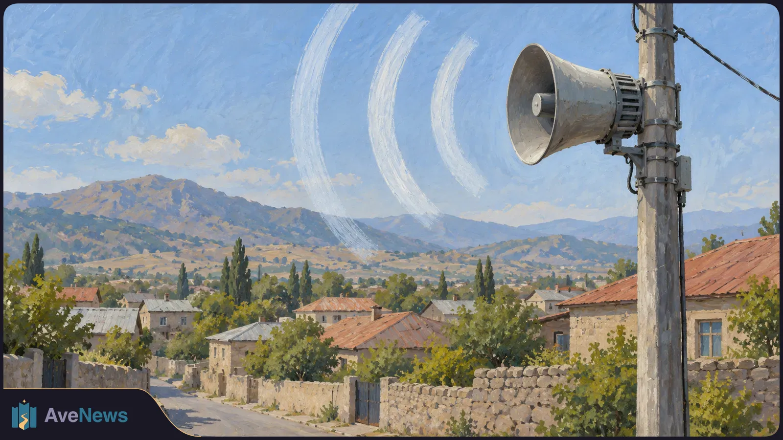 A loudspeaker siren on a pole overlooks a village street, stone houses and distant mountains. White arcs in the sky depict sound waves. SI illustration