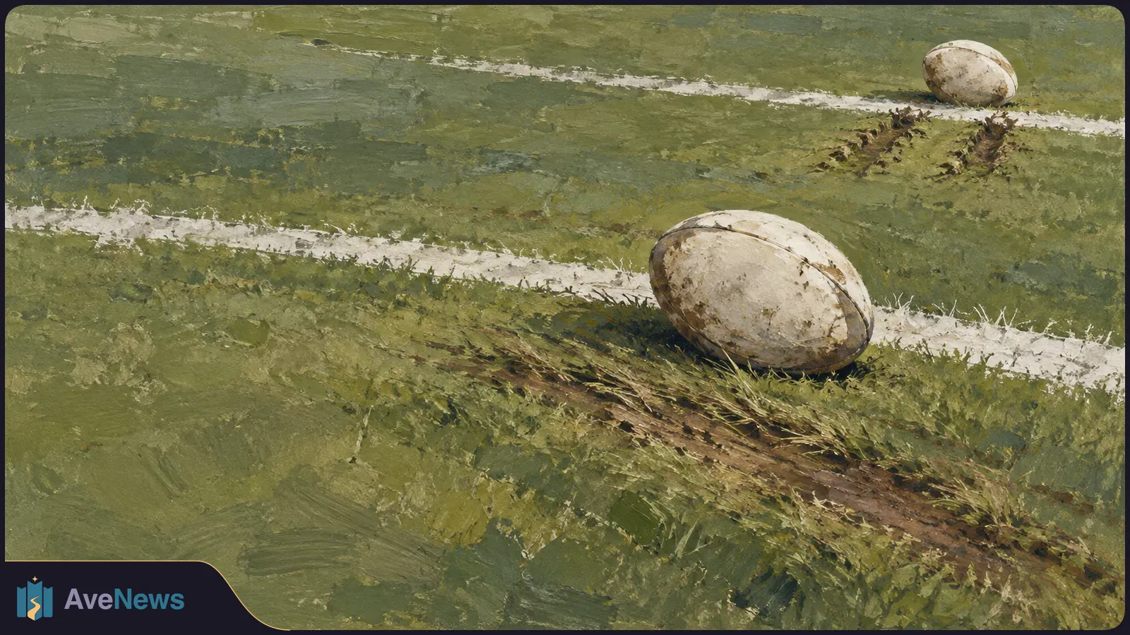 Painterly view of two muddy rugby balls on a grassy field, with white pitch lines crossing behind them. SI illustration