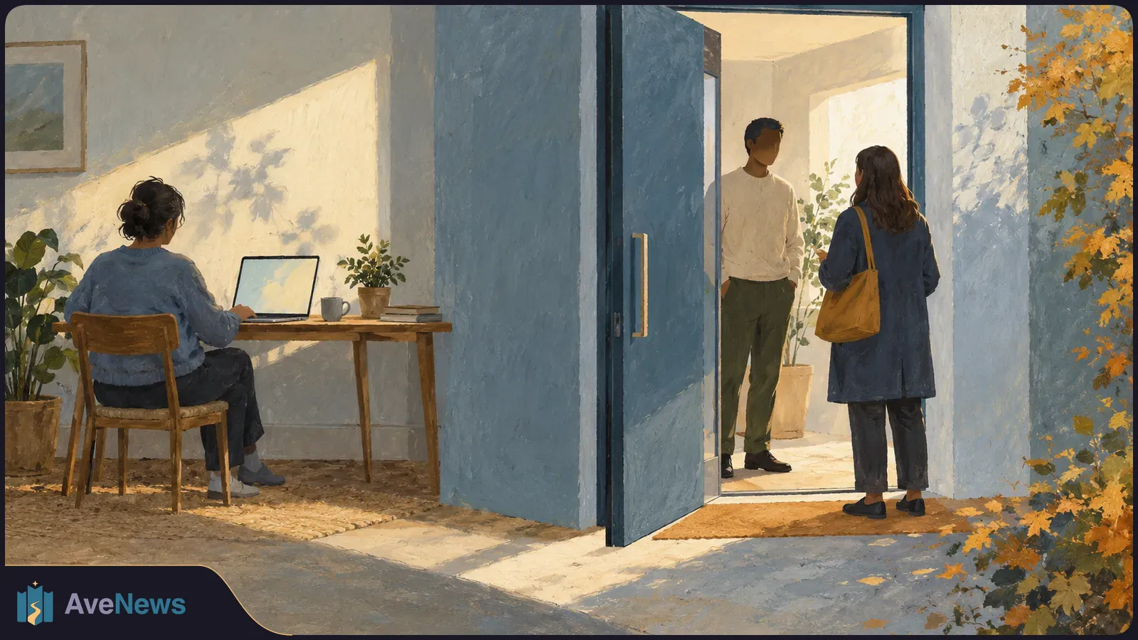 Illustration of a person working at a laptop beside an open blue door, where two people face each other; plants and autumn leaves frame the scene. SI illustration