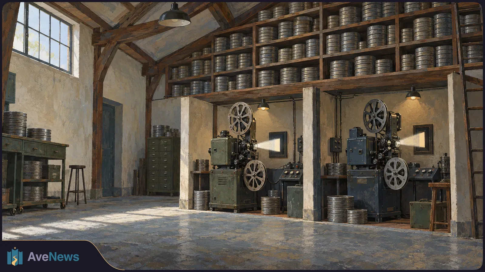 Illustrated film archive with two reel projectors, stacks of film cans and shelves of reels in a sunlit room. SI illustration