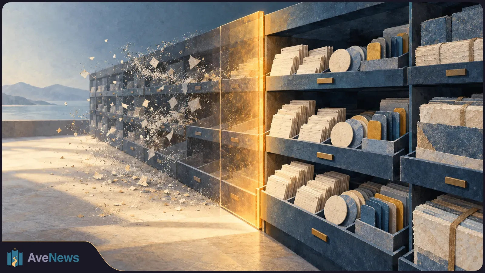 Rows of blue archival drawers hold papers and disks; on the left, sheets and fragments scatter into the air beside a glowing divider. SI illustration