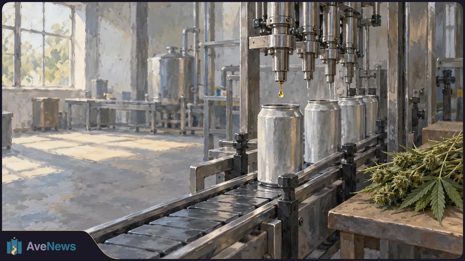 A painted canning line with silver cans beneath filling nozzles, a golden drop falling, and hemp flowers on a nearby table. SI illustration