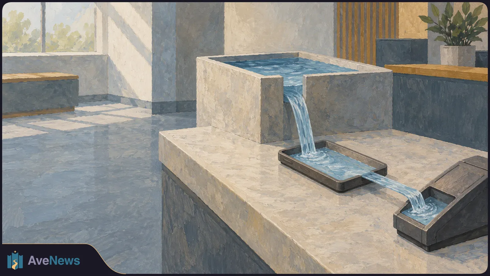 Painted illustration of water spilling from a square basin into a phone-shaped tray, then flowing into a second dark tray on a stone counter. SI illustration