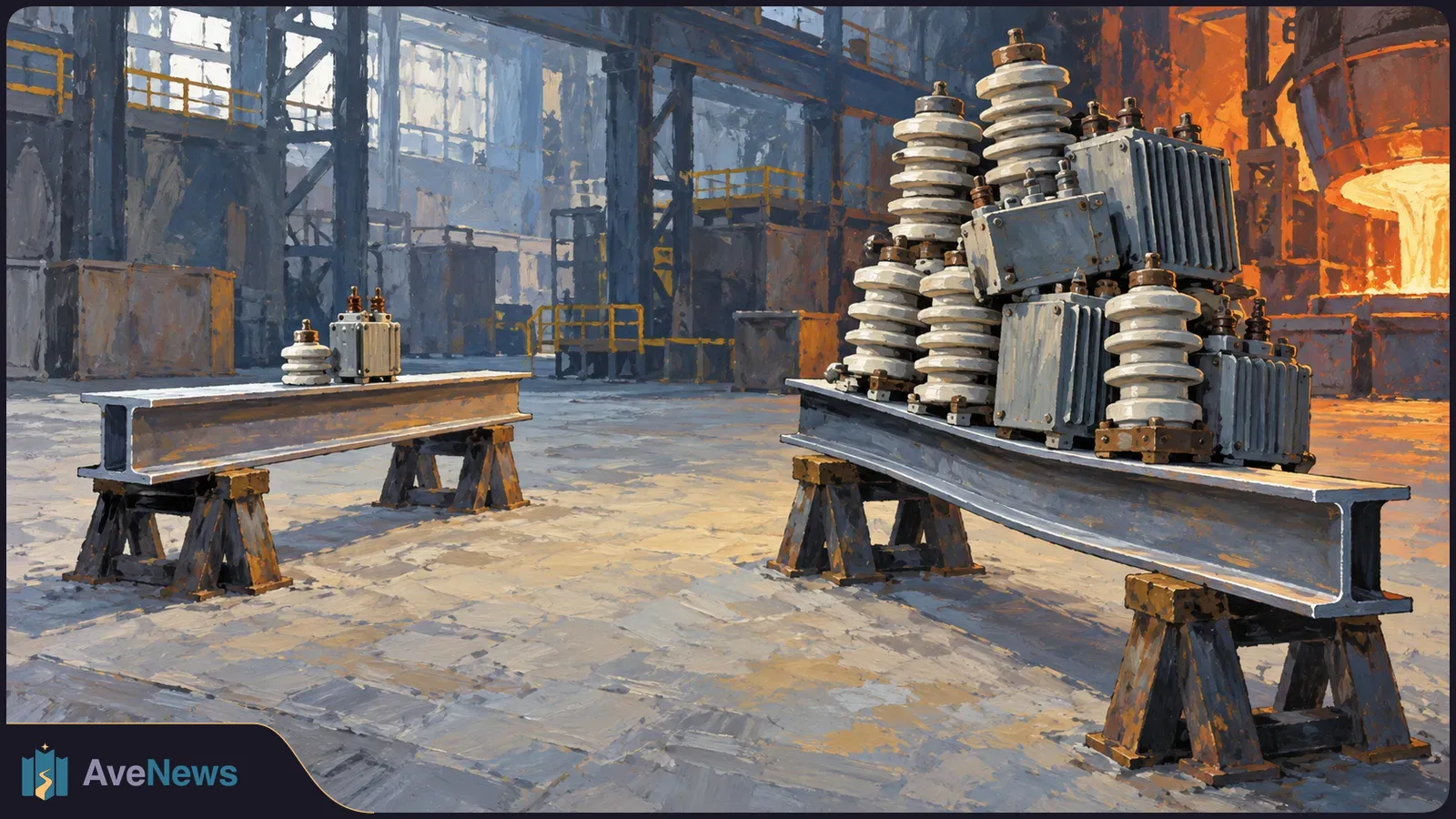 Illustration of electrical transformers and insulators resting on steel beams in an industrial hall, with molten metal pouring from a furnace at right. SI illustration