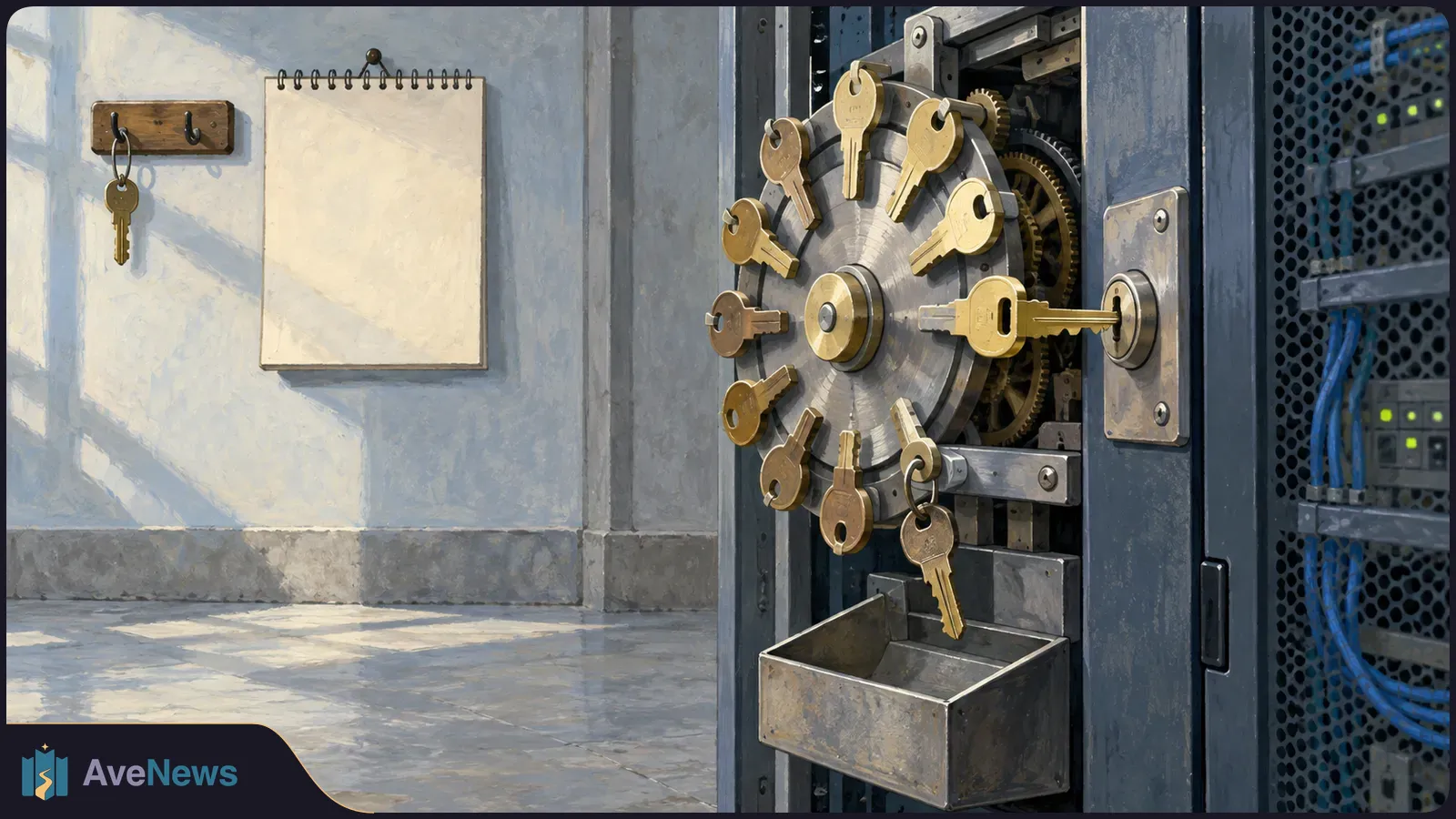 Painted server rack with brass keys arranged around a turning wheel, one inserted into a lock; a blank calendar hangs on the wall beside it. SI illustration
