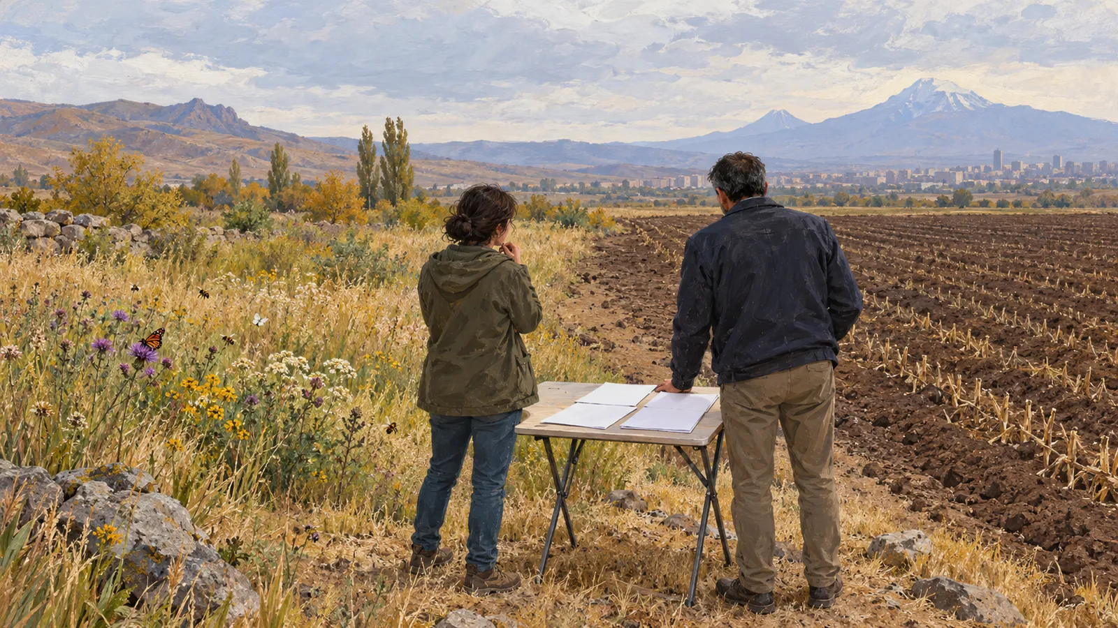 Two people stand beside a table with papers between a wildflower meadow and a plowed field, with a city and mountains in the distance. SI illustration
