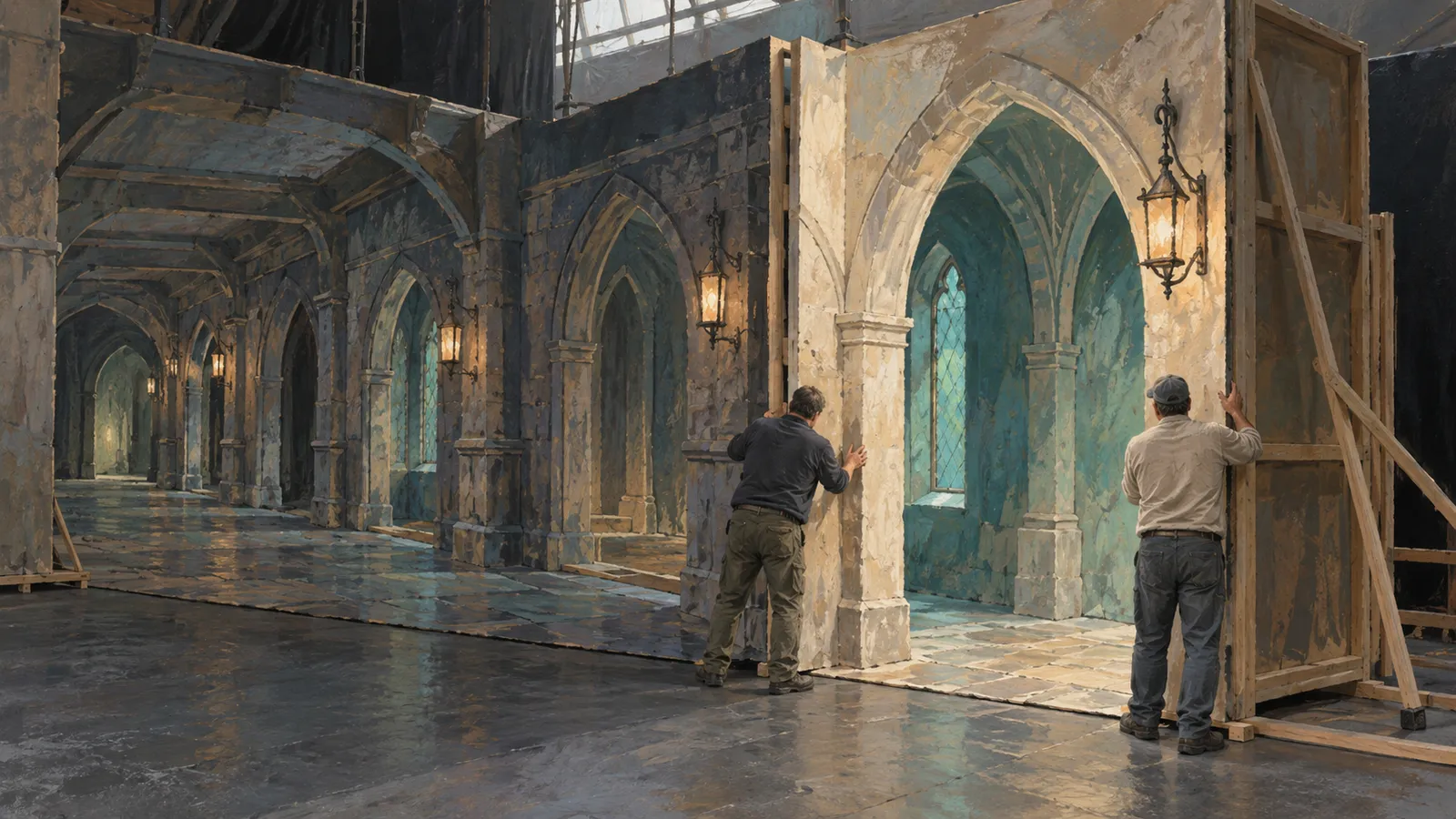 Two people hold a large Gothic archway panel beside a long set of stone-like arches and glowing lanterns; wooden supports are visible behind the panel. SI illustration