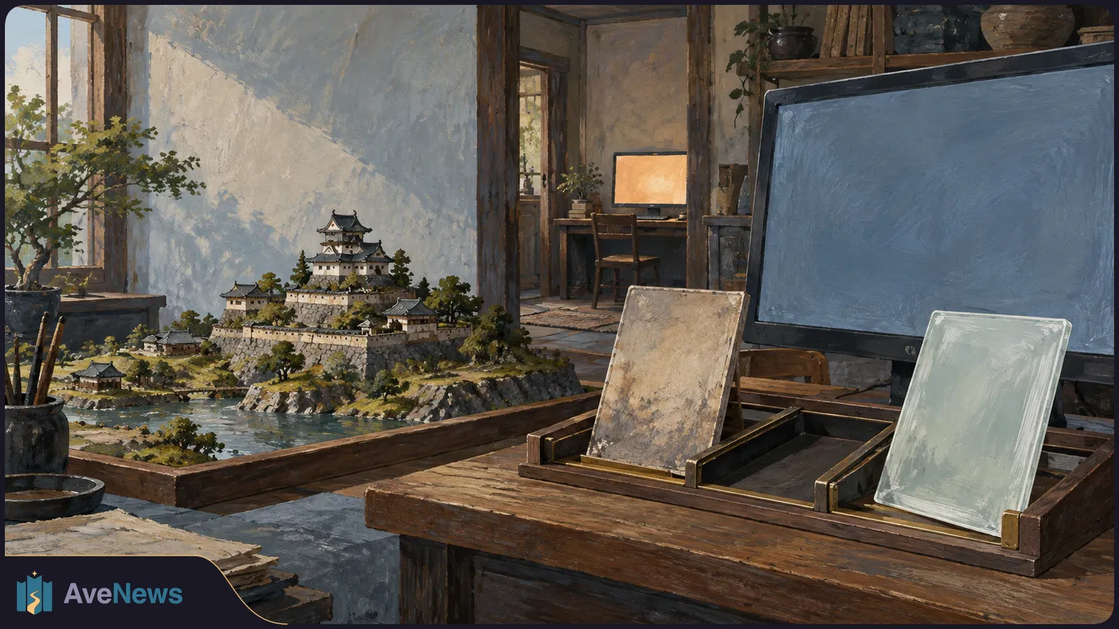 Painted room with a miniature Japanese castle and landscape beside blank monitors and two empty panels on a wooden table. SI illustration