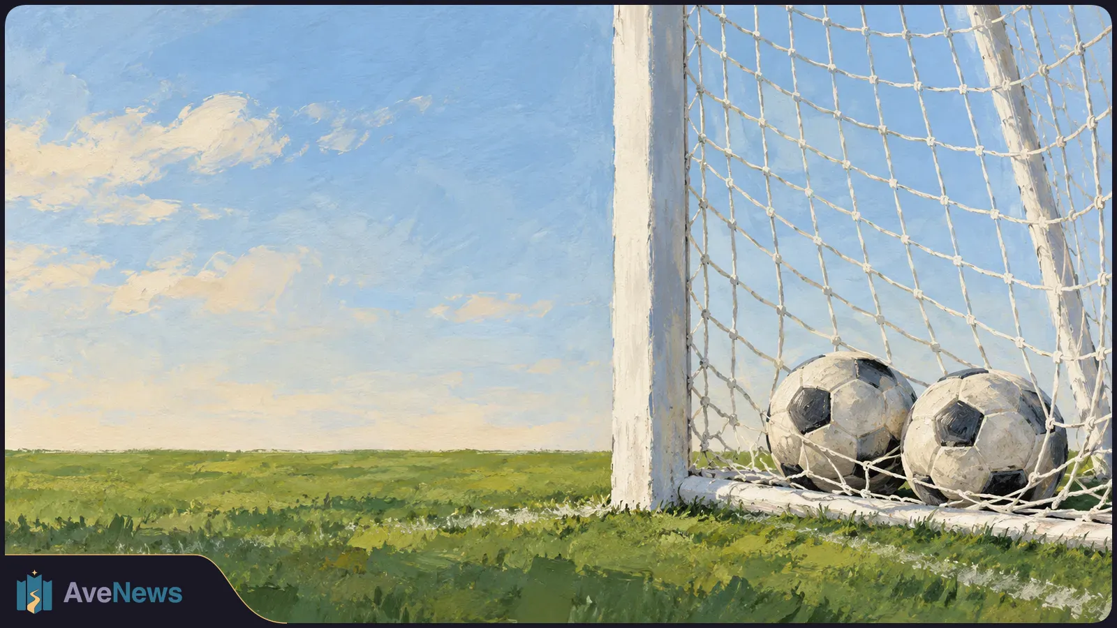 Painterly illustration of two footballs resting inside a white goal net on a grassy field beneath a blue, cloud-streaked sky. SI illustration