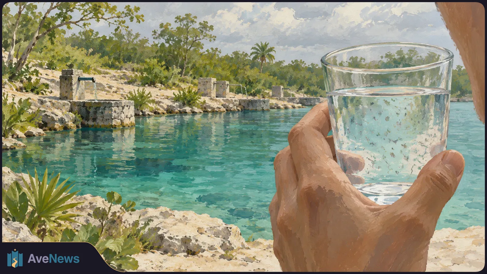 Illustration of a hand holding a glass of water beside a turquoise pool fed by stone spouts, with rocks and trees along the shore. SI illustration
