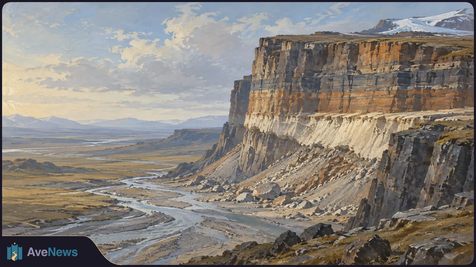 Painted landscape of a towering layered cliff above a winding river and rocky valley, with distant snow-covered mountains beneath a cloudy sky. SI illustration