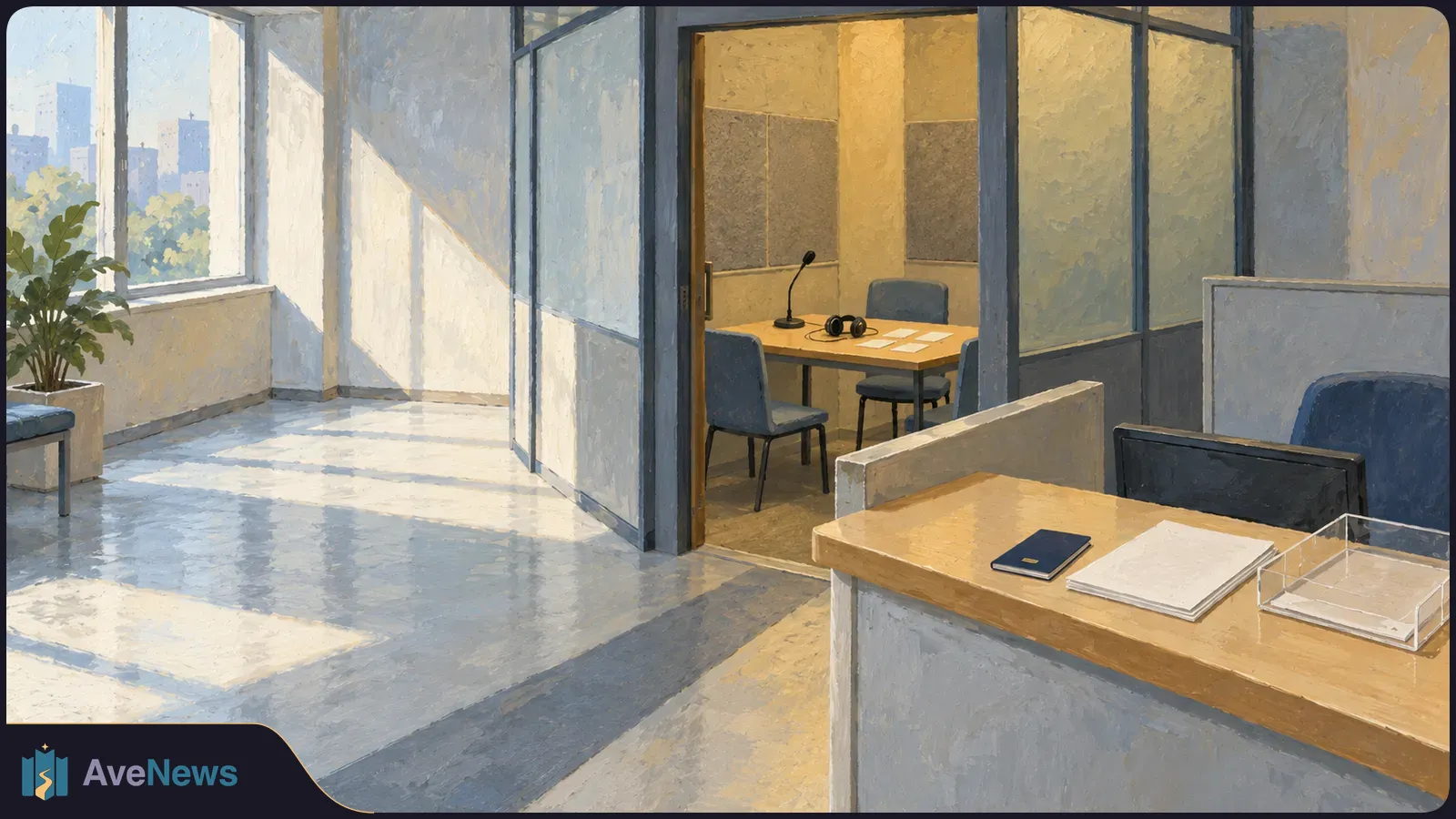 Sunlit, empty office with a glass-walled booth containing a microphone and headphones. A counter holds blank papers and a dark monitor. SI illustration